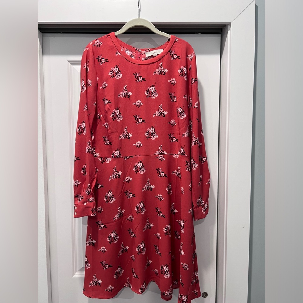 LOFT Coral Floral Long Sleeve Fit & Flare Dress Women’s Size 14